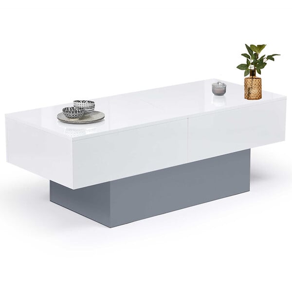 ID MARKET - Table basse coulissante rectangulaire MARTA bois gris et plateau blanc - large