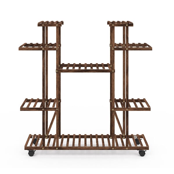 ID MARKET - Etagère à pots de fleurs porte plante en bois 8 niveaux à roulettes - large