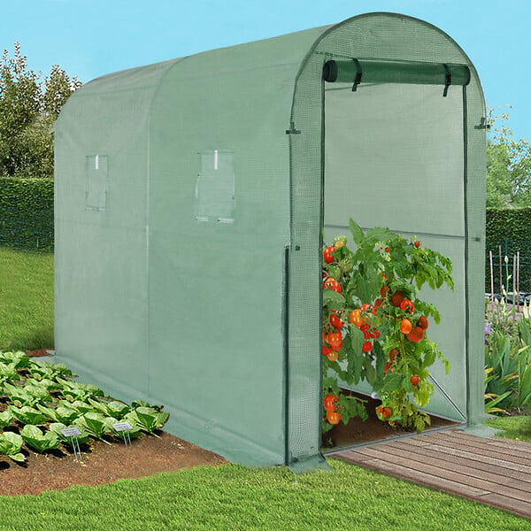 ID MARKET - Serre à tomates de jardin 3m² 3 x 1 x 2 m acier galvanisé + bâche anti-UV relevable avec porte et 2 fenêtres verte - large
