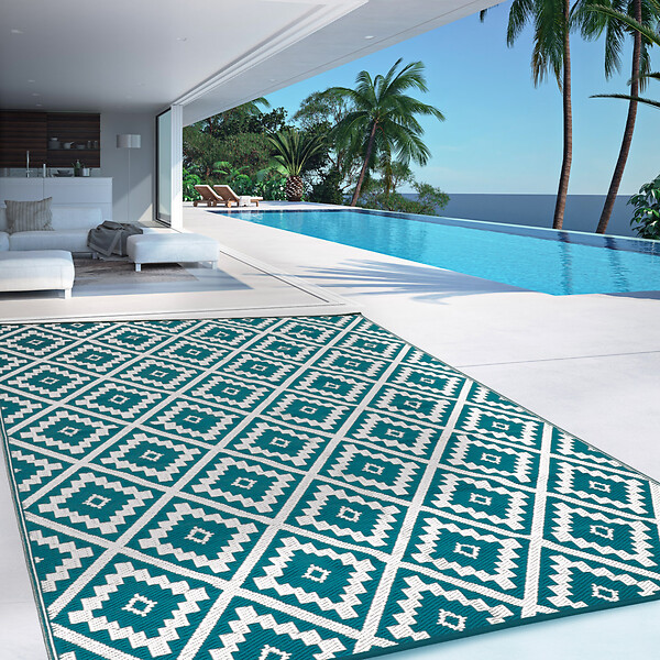 ID MARKET - Tapis extérieur BAHAMAS bleu canard 270 x 470 CM - large