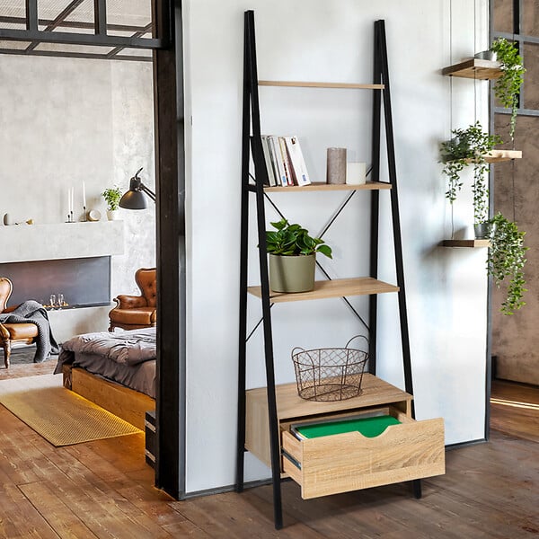 ID MARKET - Etagère échelle 4 niveaux avec tiroir DETROIT design industriel - large