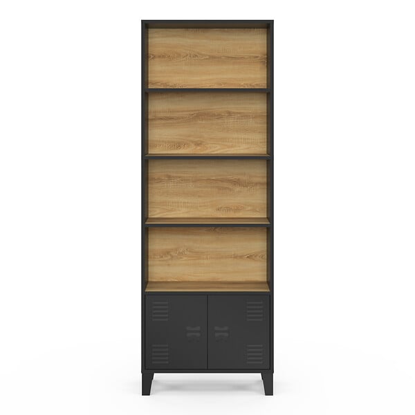 ID MARKET - Etagère bibliothèque 5 niveaux avec placard ESTER portes métal noir et plateau bois design industriel - large