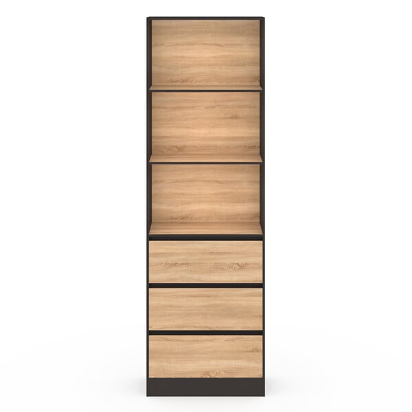 ID MARKET - Etagère bibliothèque CARLA 3 niveaux 3 tiroirs noir et effet bois 190 cm - large