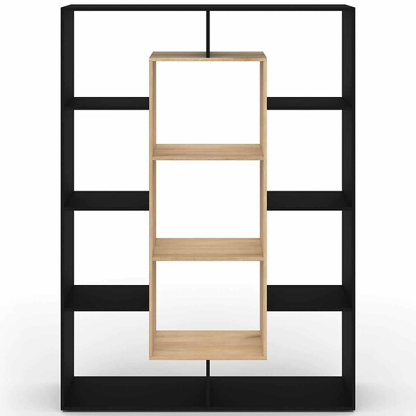 ID MARKET - Etagère bibliothèque COLETTE avec 11 compartiments noir et effet bois 143 cm - large