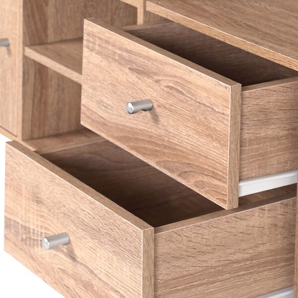 ID MARKET - Meuble de rangement en escalier LIAM 4 niveaux bois façon hêtre avec porte et tiroirs - large