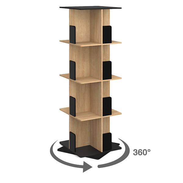 ID MARKET - Etagère bibliothèque rotative 4 niveaux RAPHA noir et effet bois - large