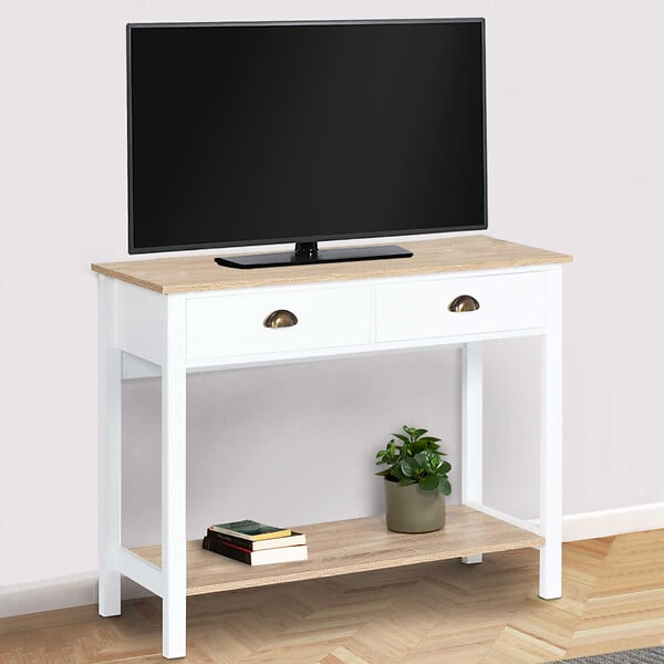 ID MARKET - Console 2 tiroirs campagne ISIS 1 étagère bois et blanc - large