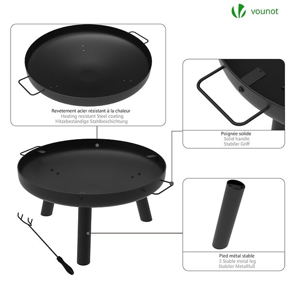 VOUNOT - Brasero Exterieur en Metal avec Grille Tisonnier diametre 60cm noir - large