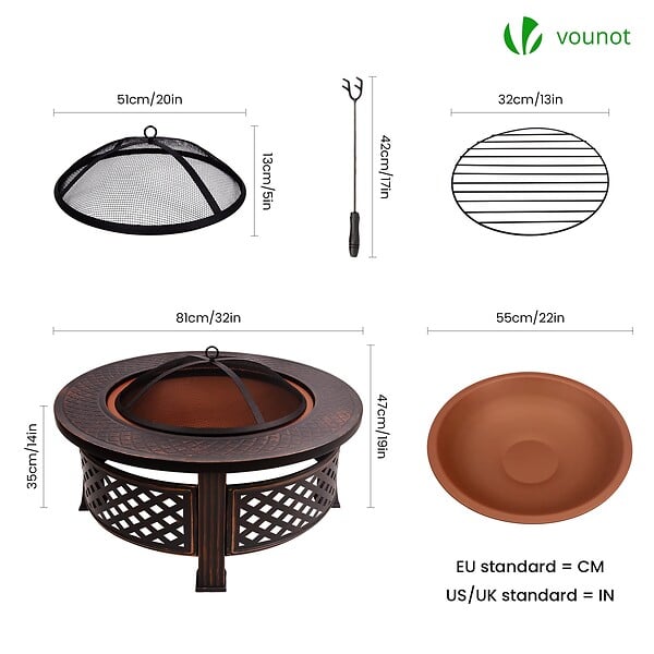 VOUNOT - Brasero exterieur en metal avec grille pare-etincelles tisonnier diametre 81cm noir - large