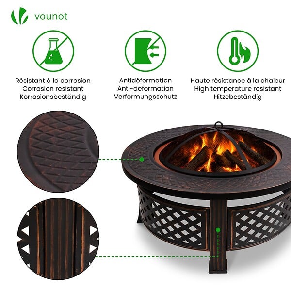 VOUNOT - Brasero exterieur en metal avec grille pare-etincelles tisonnier diametre 81cm noir - large