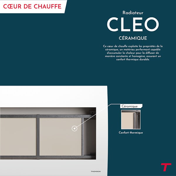 THOMSON - Radiateur électrique fixe à inertie sèche céramique - THOMSON - CLEO 2000W - Thermostat interchangeable - horizontal blanc - NF - large