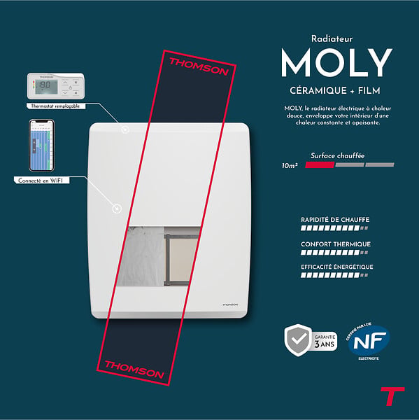 THOMSON - Radiateur électrique fixe inertie sèche - Double cœur de chauffe - THOMSON - MOLY 1000W - Connecté WiFi - horizontal blanc - NF - large