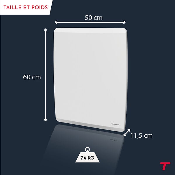 THOMSON - Radiateur électrique fixe inertie sèche - Double cœur de chauffe - THOMSON - MOLY 1000W - Connecté WiFi - horizontal blanc - NF - large