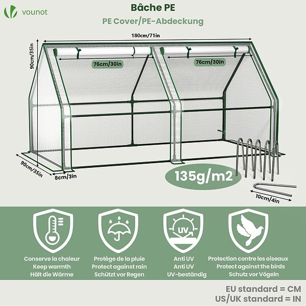 VOUNOT - Mini Serre de jardin avec 2 portes enroulables bache PE renforcee 135g/m2 180x90x90cm Blanc - large