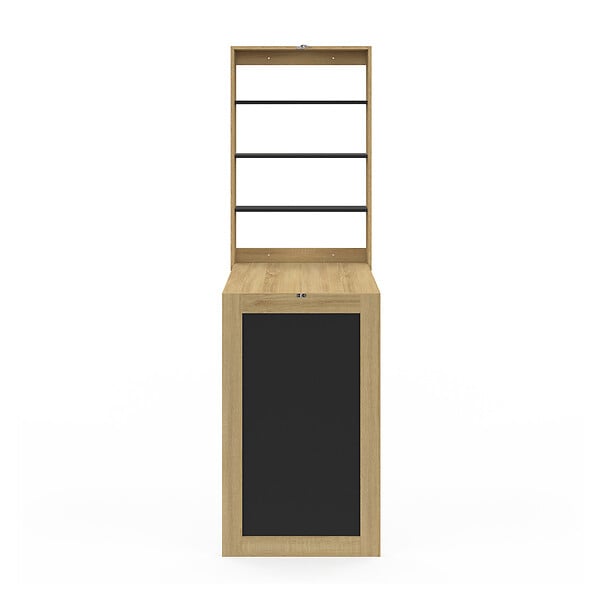 ID MARKET - Table murale pliable MACCHIA avec étagères et tableau craie 2 personnes bois et noir - large