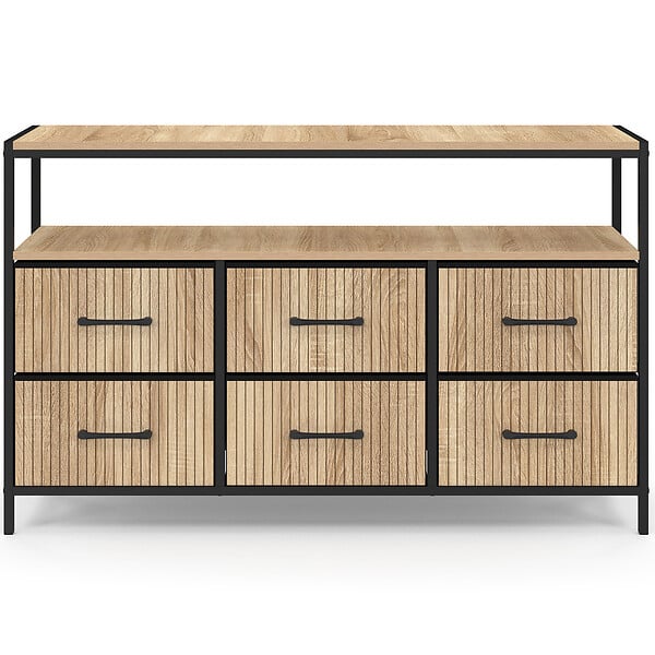 ID MARKET - Commode 6 tiroirs en tissu UTAH 115 CM avec niche effet lattes meuble de rangement design industriel - large