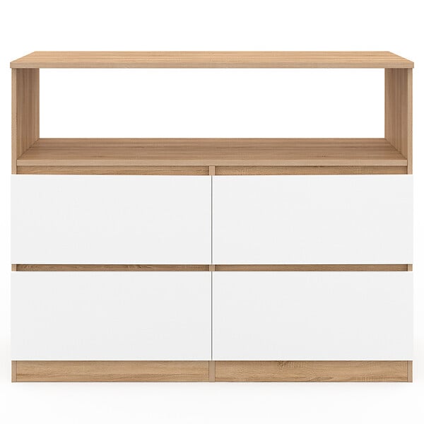 ID MARKET - Commode 4 tiroirs TOMI 100 cm avec niche façon hêtre et blanc - large