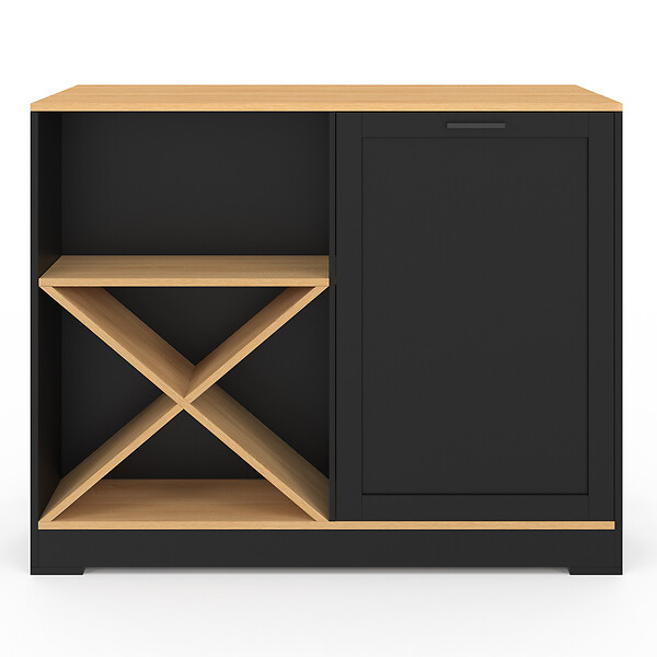 ID MARKET - Table de bar îlot VITO 113 cm avec range bouteilles bois noir et plateau façon hêtre - large