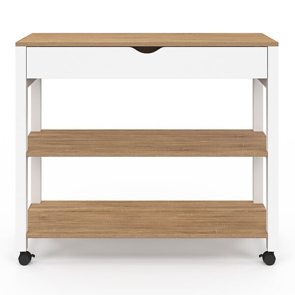 ID MARKET - Desserte de cuisine PENH XXL avec tiroir et plan de travail blanc plateaux façon hêtre L.100 CM - large