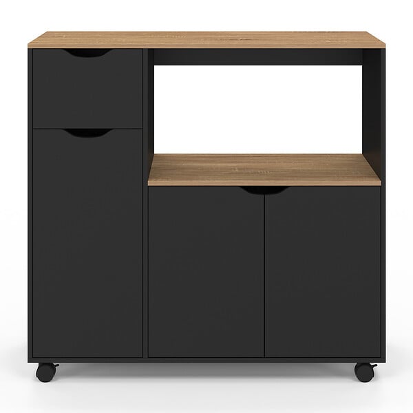 ID MARKET - Desserte micro-onde de cuisine COSI XXL placards avec tiroir bois noir et plateaux façon hêtre L.90 cm - large