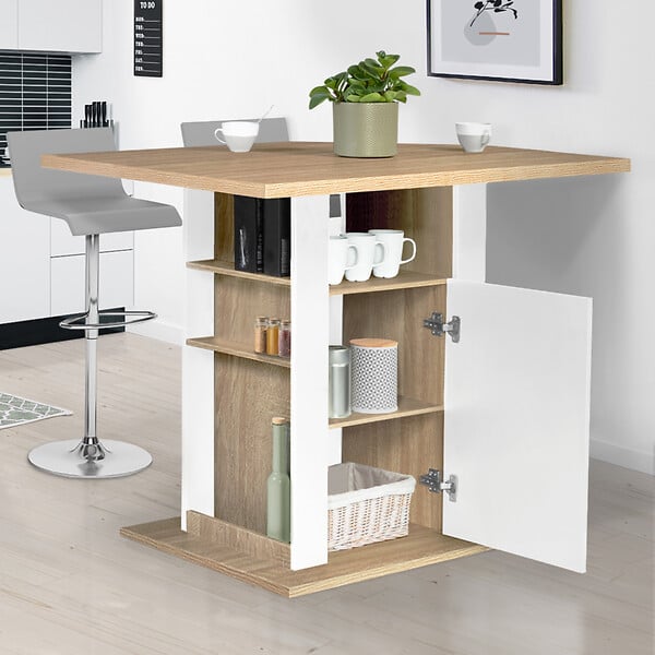 ID MARKET - Ilot central UGO 110 cm bois blanc et imitation hêtre avec rangements - large