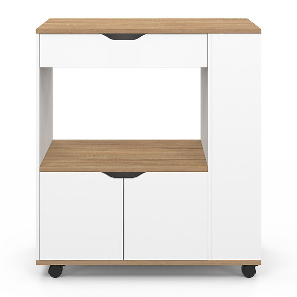 ID MARKET - Desserte micro-onde de cuisine COSI placard avec tiroir et étagères à épices bois blanc et plateaux façon hêtre L.76 cm - large