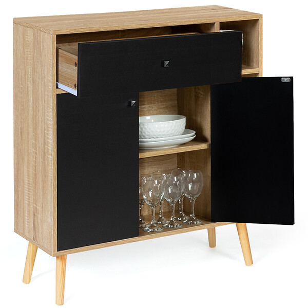ID MARKET - Meuble de rangement EMMIE scandinave bois et noir avec placard et tiroir - large