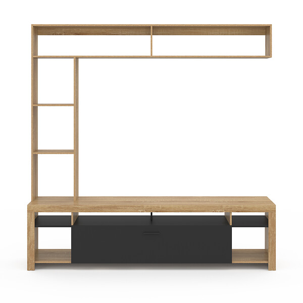 ID MARKET - Ensemble meuble TV et étagères 170 cm MALO bois et placard noir - large