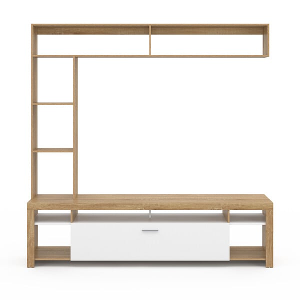 ID MARKET - Ensemble meuble TV et étagères 170 cm MALO bois et placard blanc - large