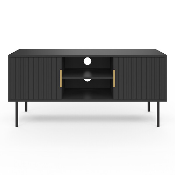 ID MARKET - Meuble TV 110 cm MARCEL 2 portes lattes tasseau bois noir - large