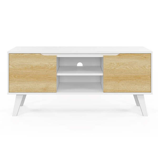 ID MARKET - Meuble TV 110 cm FINN blanc 2 portes façon hêtre - large