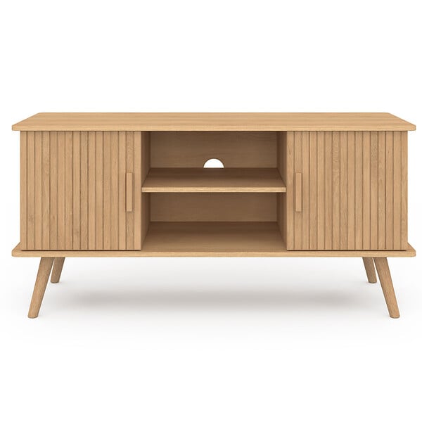 ID MARKET - Meuble TV 110 cm JULIETTE 2 portes lattes tasseau bois coloris chêne - large