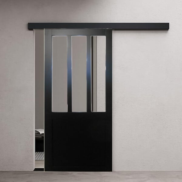 GD MENUISERIES - Porte Coulissante Atelier Noir Vitrée H204 x L83 cm, Rail alu Bandeau Noir - large