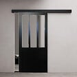 GD MENUISERIES - Porte Coulissante Atelier Noir Vitrée H204 x L83 cm, Rail alu Bandeau Noir - vignette