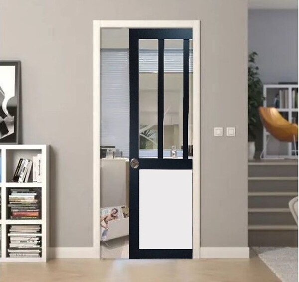 GD MENUISERIES - Porte Coulissante Atelier noir, blanc Vitrée H204 x L73 cm, Galandage, kit de finition - large