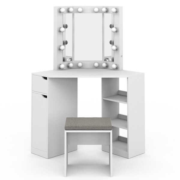 ID MARKET - Coiffeuse d'angle ZELIA blanche 3 miroirs LED, 3 étagères, 1 tiroir, 1 caisson de rangement et tabouret - large