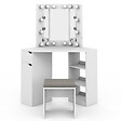 ID MARKET - Coiffeuse d'angle ZELIA blanche 3 miroirs LED, 3 étagères, 1 tiroir, 1 caisson de rangement et tabouret - vignette