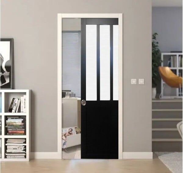 GD MENUISERIES - Porte Coulissante Atelier Noir vitre depoli H204 x L83 cm, Galandage, kit finition - large