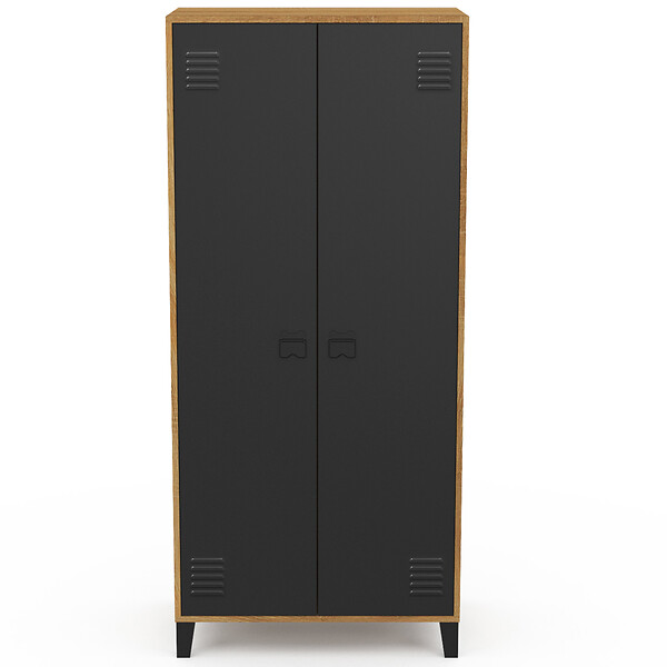 ID MARKET - Armoire vestiaire penderie ESTER 2 portes métal noir et contour bois design industriel - large