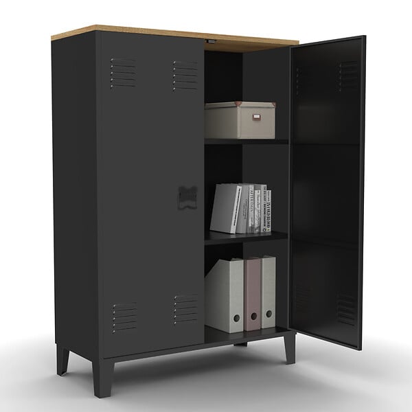 ID MARKET - Armoire basse ESTER 2 portes métal noir et plateau bois design industriel - large