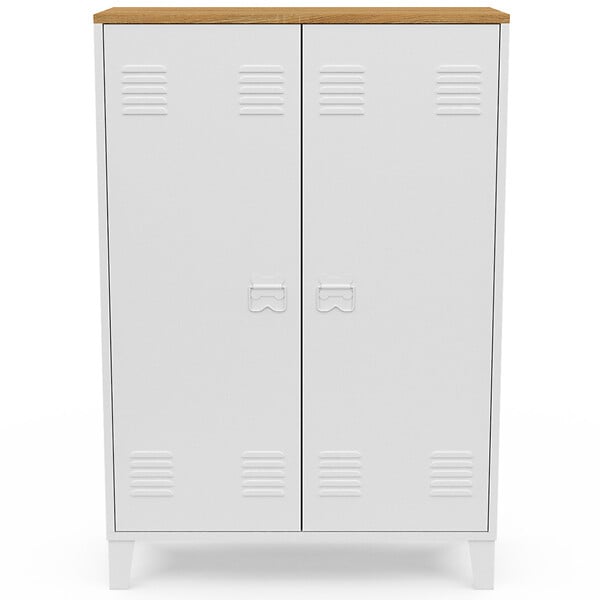 ID MARKET - Armoire basse ESTER 2 portes métal blanc et plateau bois design industriel - large