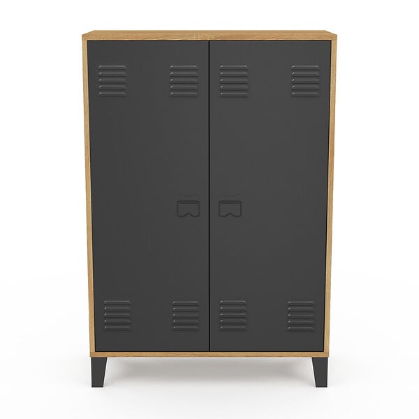 ID MARKET - Armoire basse ESTER 2 portes métal noir et contour bois design industriel - large