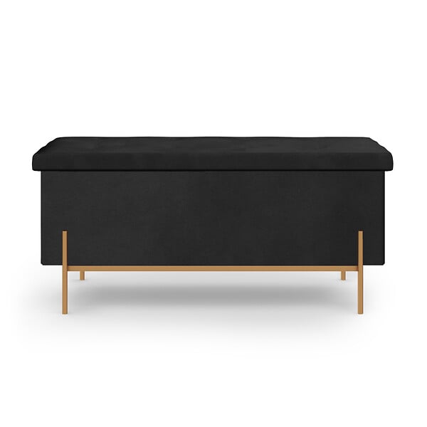 ID MARKET - Banc coffre rangement LOUIS pieds métal doré 100 cm velours noir - large
