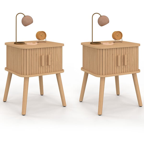 ID MARKET - Lot de 2 tables de chevet ROMIE effet lattes 2 portes coulissantes - large