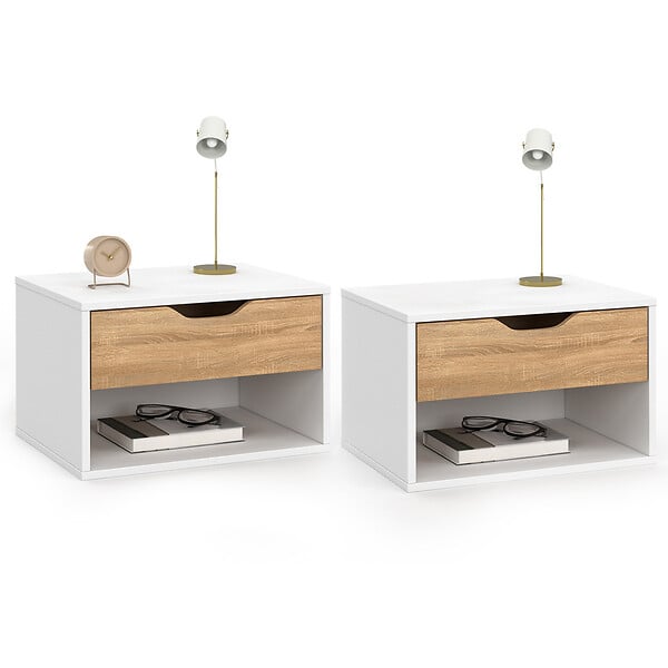 ID MARKET - Lot de 2 tables de chevet murales CATHY 1 tiroir avec niche façon hêtre et blanc - large