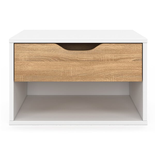 ID MARKET - Lot de 2 tables de chevet murales CATHY 1 tiroir avec niche façon hêtre et blanc - large