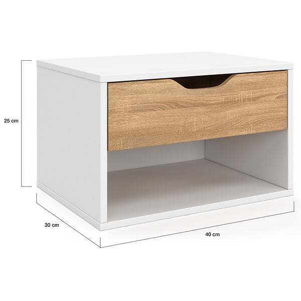 ID MARKET - Lot de 2 tables de chevet murales CATHY 1 tiroir avec niche façon hêtre et blanc - large