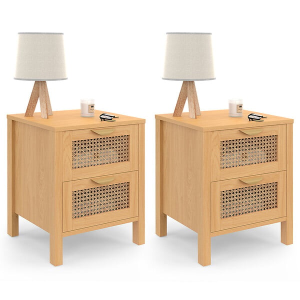 ID MARKET - Lot de 2 tables de chevet EDHEN 2 tiroirs cannage et bois - large