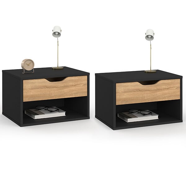 ID MARKET - Lot de 2 tables de chevet murales CATHY 1 tiroir avec niche façon hêtre et noir - large