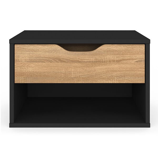 ID MARKET - Lot de 2 tables de chevet murales CATHY 1 tiroir avec niche façon hêtre et noir - large